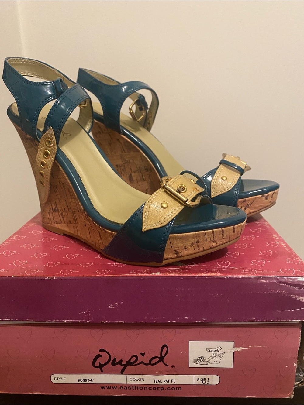 Cupid Teal and Gold Cork Platform Wedge Sandals